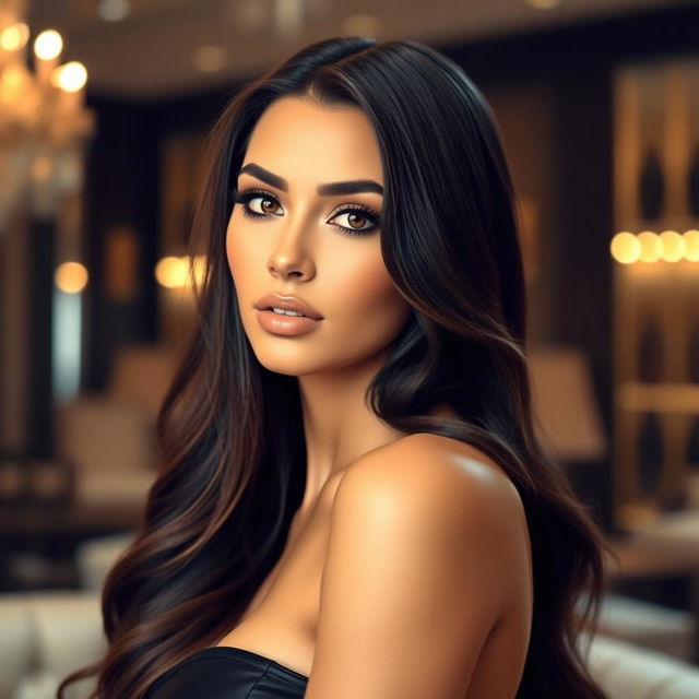 A glamorous portrait of a beautiful woman resembling Kim Kardashian, showcasing her signature style and elegance