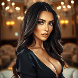 A glamorous portrait of a beautiful woman resembling Kim Kardashian, showcasing her signature style and elegance