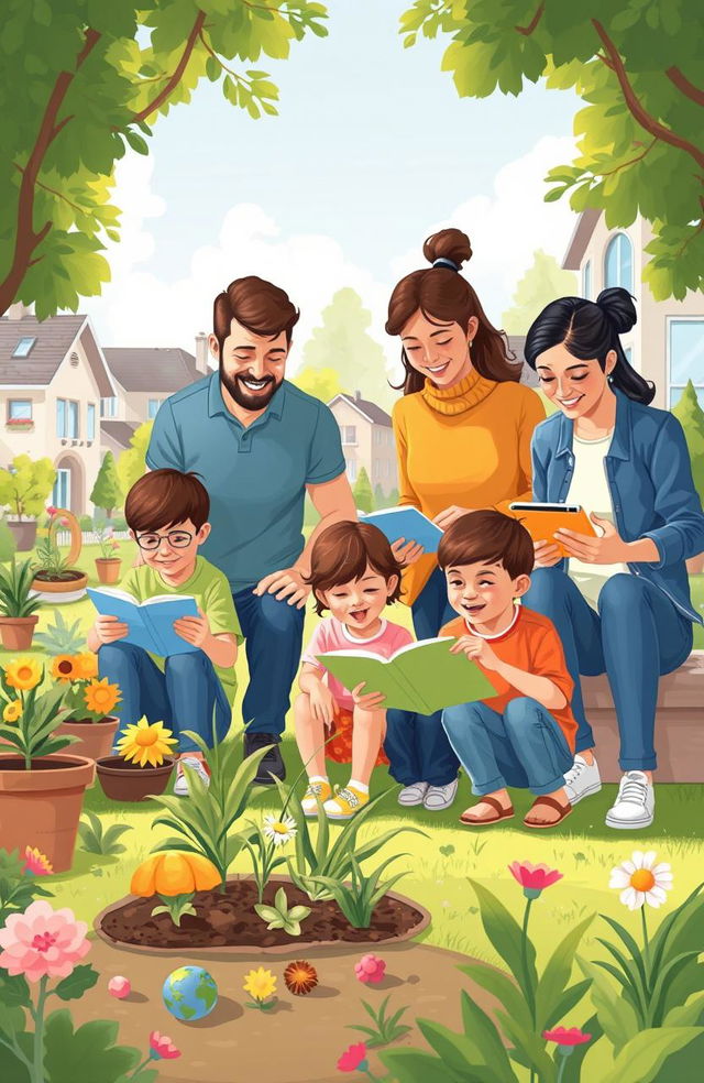 Illustration of a modern family engaging in educational activities, demonstrating how to raise children in the 21st century