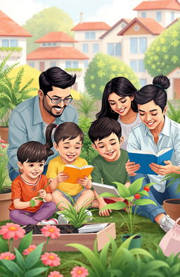 Illustration of a modern family engaging in educational activities, demonstrating how to raise children in the 21st century