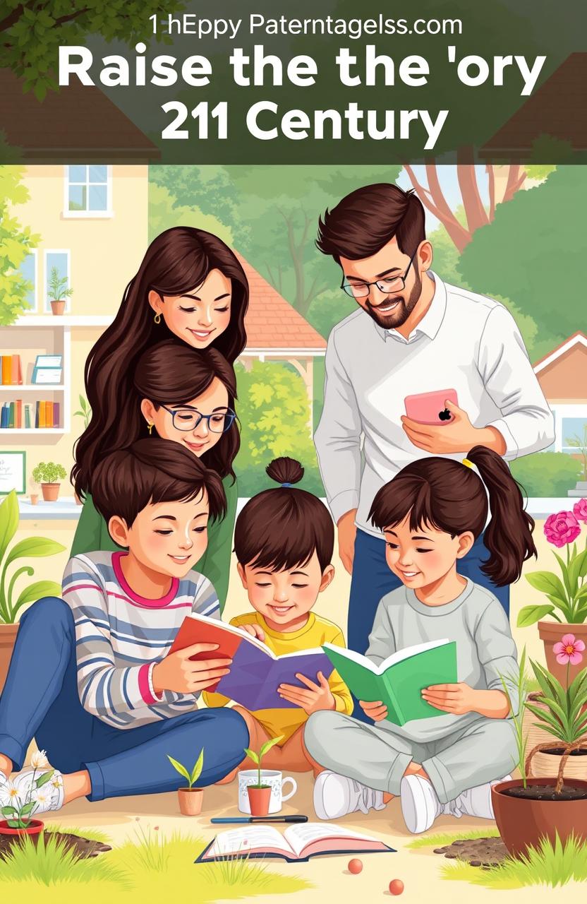 Illustration of a modern family engaging in educational activities, demonstrating how to raise children in the 21st century