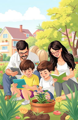Illustration of a modern family engaging in educational activities, demonstrating how to raise children in the 21st century