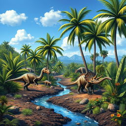 A realistic, detailed background depicting a lush, prehistoric landscape filled with towering ferns, palm trees, and vibrant greenery