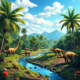 A realistic, detailed background depicting a lush, prehistoric landscape filled with towering ferns, palm trees, and vibrant greenery