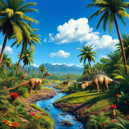 A realistic, detailed background depicting a lush, prehistoric landscape filled with towering ferns, palm trees, and vibrant greenery