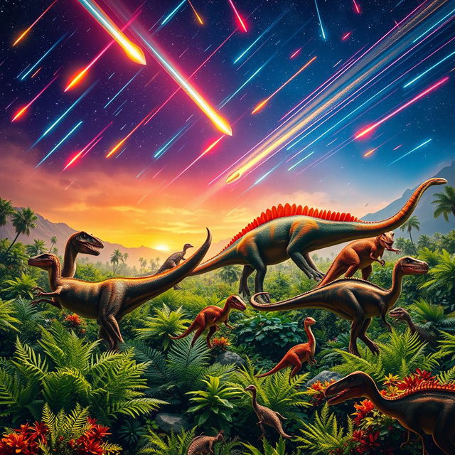 A vivid scene depicting dinosaurs roaming in a prehistoric landscape under a bright meteor shower