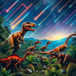 A vivid scene depicting dinosaurs roaming in a prehistoric landscape under a bright meteor shower