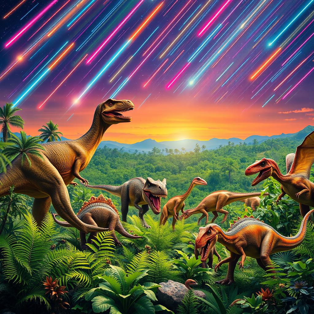 A vivid scene depicting dinosaurs roaming in a prehistoric landscape under a bright meteor shower