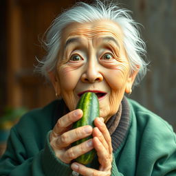An elderly woman with a marvelous and surprised expression, holding a cucumber in her hands