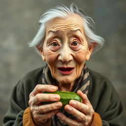 An elderly woman with a marvelous and surprised expression, holding a cucumber in her hands
