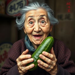 An elderly woman with a marvelous and surprised expression, holding a cucumber in her hands
