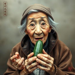 An elderly woman with a marvelous and surprised expression, holding a cucumber in her hands