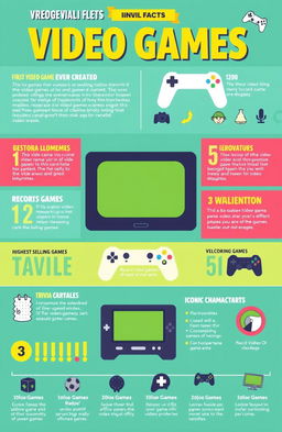 An engaging infographic featuring interesting and fun facts about video games, including trivia such as the first video game ever created, the evolution of game graphics throughout the decades, record statistics like highest-selling games, and trivia about iconic characters