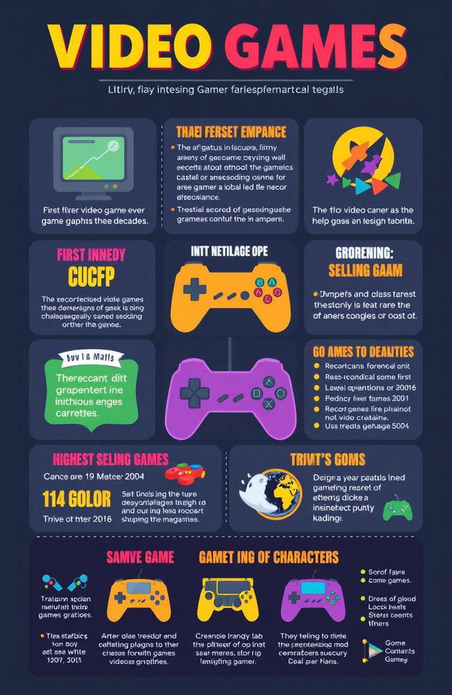 An engaging infographic featuring interesting and fun facts about video games, including trivia such as the first video game ever created, the evolution of game graphics throughout the decades, record statistics like highest-selling games, and trivia about iconic characters