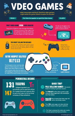 An engaging infographic featuring interesting and fun facts about video games, including trivia such as the first video game ever created, the evolution of game graphics throughout the decades, record statistics like highest-selling games, and trivia about iconic characters