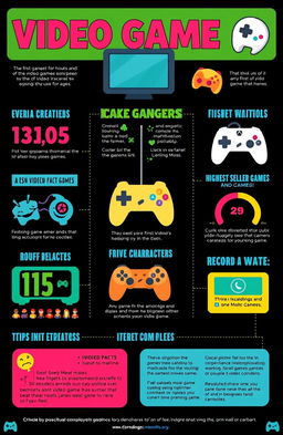 An engaging infographic featuring interesting and fun facts about video games, including trivia such as the first video game ever created, the evolution of game graphics throughout the decades, record statistics like highest-selling games, and trivia about iconic characters