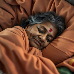 An Indian elderly woman peacefully sleeping in a cozy and serene environment, her expression relaxed and content