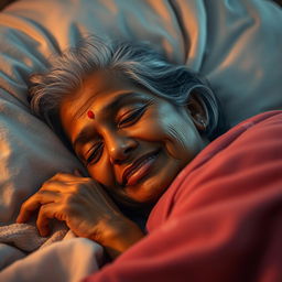 An Indian elderly woman peacefully sleeping in a cozy and serene environment, her expression relaxed and content