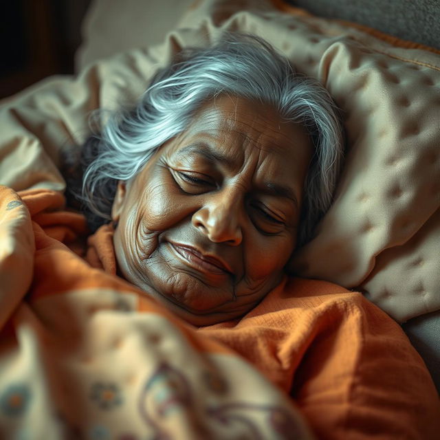 An Indian elderly woman peacefully sleeping in a cozy and serene environment, her expression relaxed and content