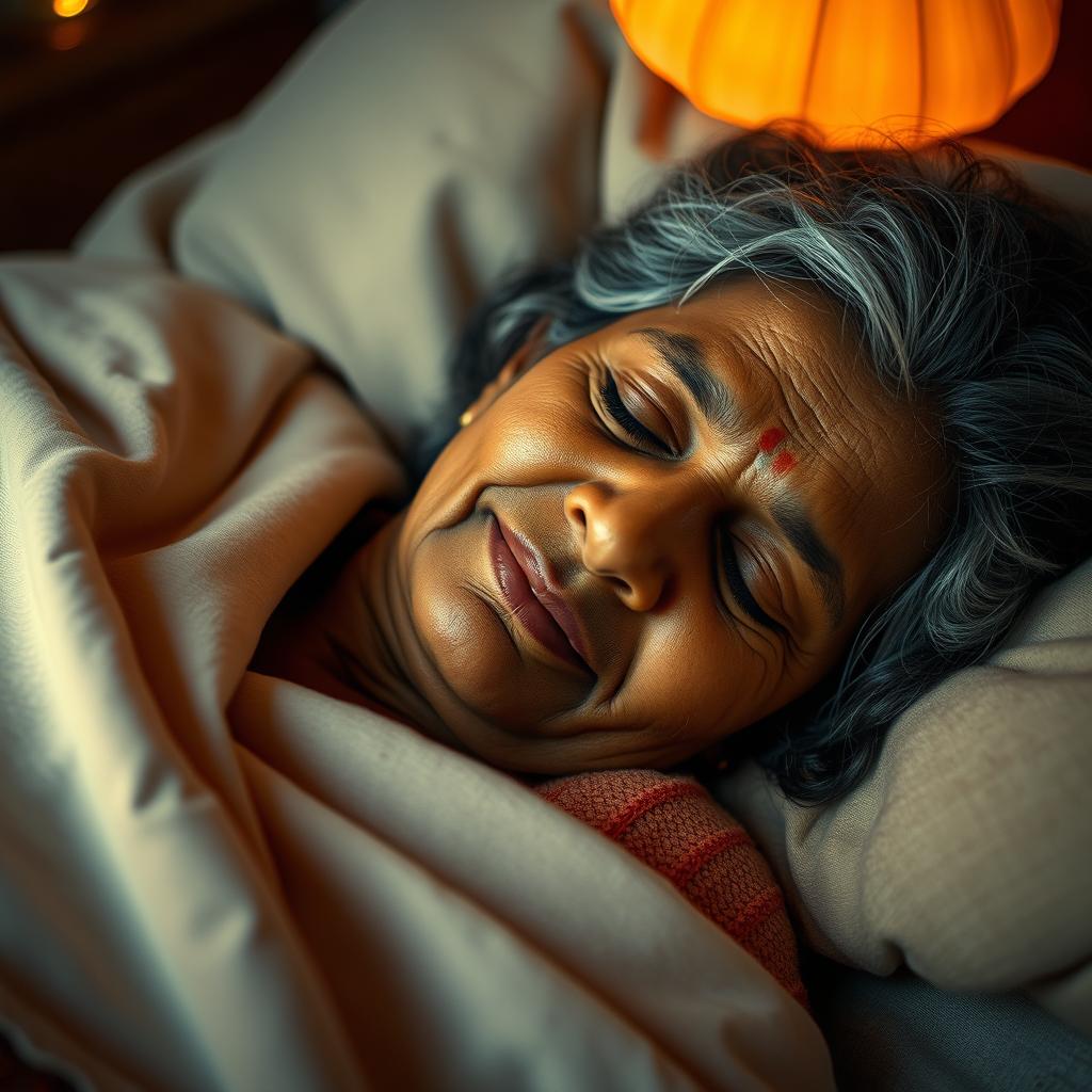 An Indian elderly woman peacefully sleeping in a cozy and serene environment, her expression relaxed and content