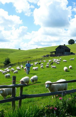 A picturesque sheep farm scene, featuring lush green rolling hills dotted with fluffy white sheep grazing peacefully