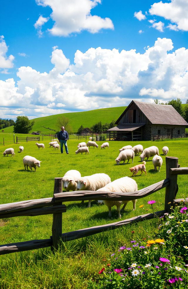 A picturesque sheep farm scene, featuring lush green rolling hills dotted with fluffy white sheep grazing peacefully