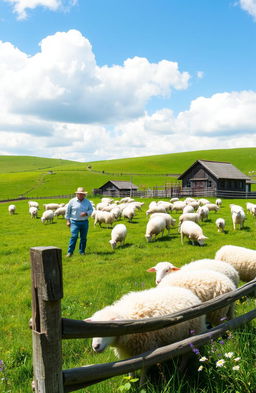 A picturesque sheep farm scene, featuring lush green rolling hills dotted with fluffy white sheep grazing peacefully