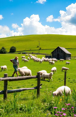 A picturesque sheep farm scene, featuring lush green rolling hills dotted with fluffy white sheep grazing peacefully