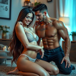 A cute young woman in elegant lingerie, kneeling gracefully with a playful smile, showcasing her delicate features and stylish lace details