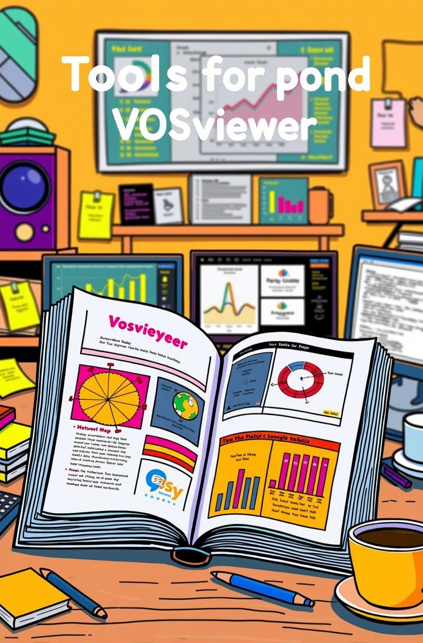 An illustrated scene depicting an open book titled 'Tools for Pond VOSviewer' surrounded by a colorful creative workspace