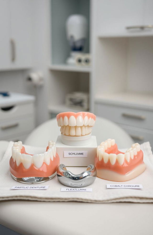 A detailed and informative dental setup showcasing a variety of dentures including a partial denture, an acrylic denture, a cobalt chrome denture, and a flexible denture