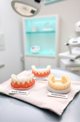 A detailed and informative dental setup showcasing a variety of dentures including a partial denture, an acrylic denture, a cobalt chrome denture, and a flexible denture