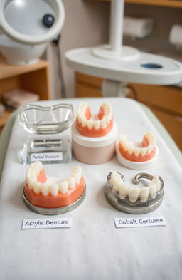 A detailed and informative dental setup showcasing a variety of dentures including a partial denture, an acrylic denture, a cobalt chrome denture, and a flexible denture