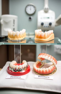 A detailed and informative dental setup showcasing a variety of dentures including a partial denture, an acrylic denture, a cobalt chrome denture, and a flexible denture