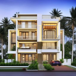 Generate a sophisticated and detailed 4-bedroom duplex house plan, showcasing intelligent use of space, good ventilation, and provisions for modern amenities.