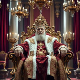A majestic king seated on a grand ornate throne, dressed in regal attire with intricate patterns and rich fabrics