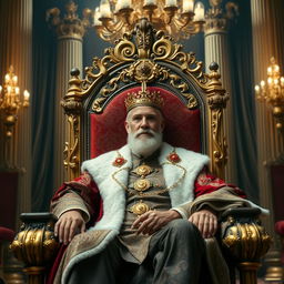 A majestic king seated on a grand ornate throne, dressed in regal attire with intricate patterns and rich fabrics