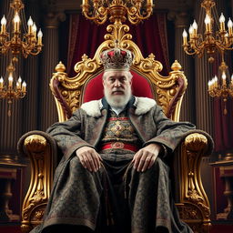 A majestic king seated on a grand ornate throne, dressed in regal attire with intricate patterns and rich fabrics