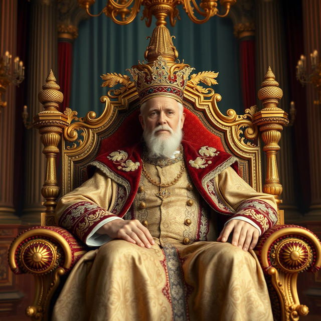 A majestic king seated on a grand ornate throne, dressed in regal attire with intricate patterns and rich fabrics