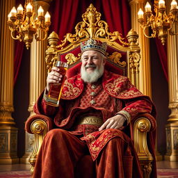 A majestic king seated on an ornate throne, dressed in rich royal attire with intricate patterns