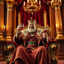 A majestic king seated on an ornate throne, dressed in rich royal attire with intricate patterns