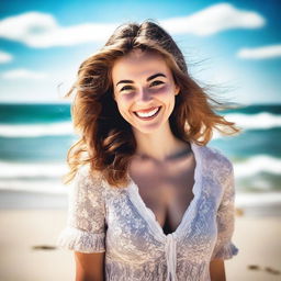 Generate an image of a beautiful young woman enjoying her time on a beach