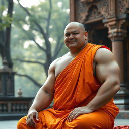 A strong, muscular Buddhist monk wearing traditional orange robes