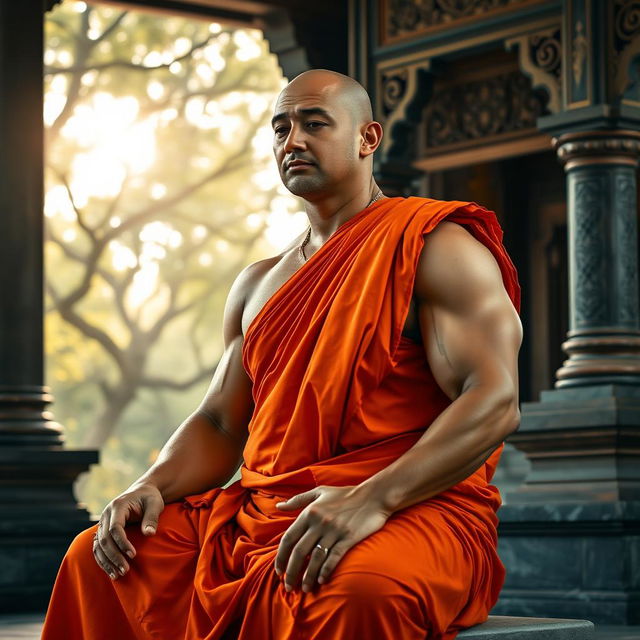 A strong, muscular Buddhist monk wearing traditional orange robes