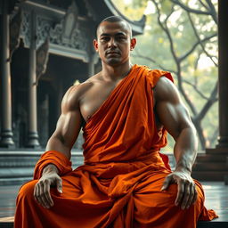 A strong, muscular Buddhist monk wearing traditional orange robes