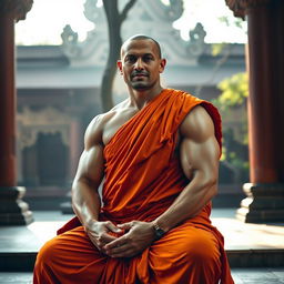 A strong, muscular Buddhist monk wearing traditional orange robes