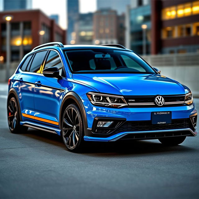 A striking blue Volkswagen Alltrack featuring an aggressive aerodynamic body kit and a widebody design