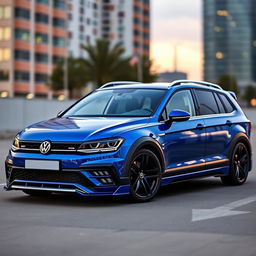 A striking blue Volkswagen Alltrack featuring an aggressive aerodynamic body kit and a widebody design