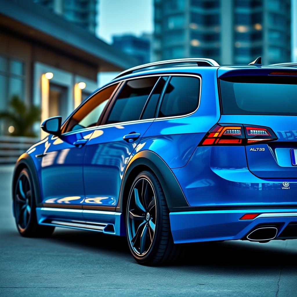 A striking blue Volkswagen Alltrack featuring an aggressive aerodynamic body kit and a widebody design