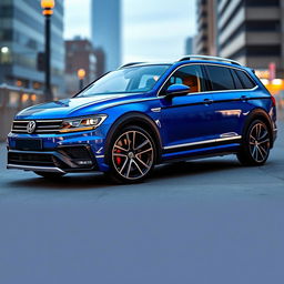 A striking blue Volkswagen Alltrack featuring an aggressive aerodynamic body kit and a widebody design